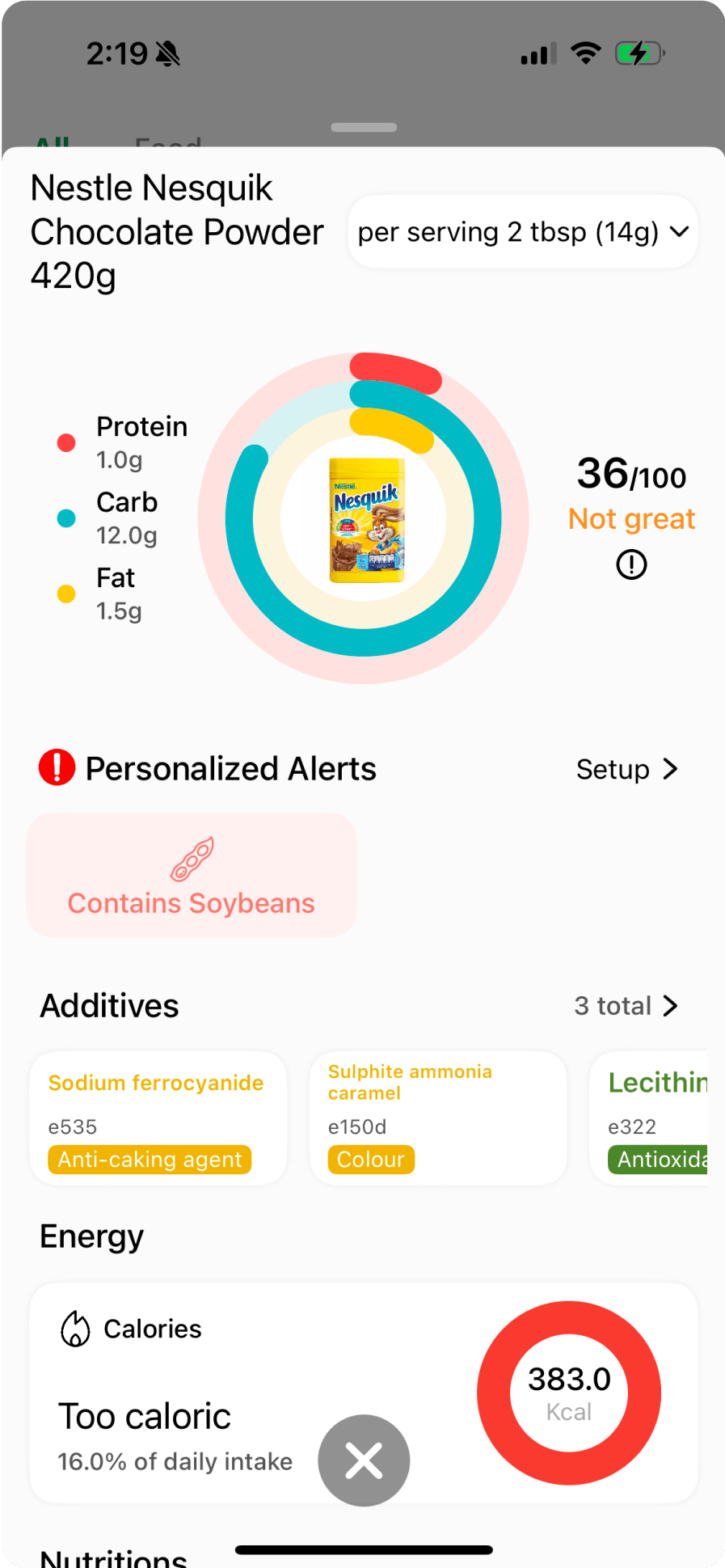 LabelPal app health rating screen