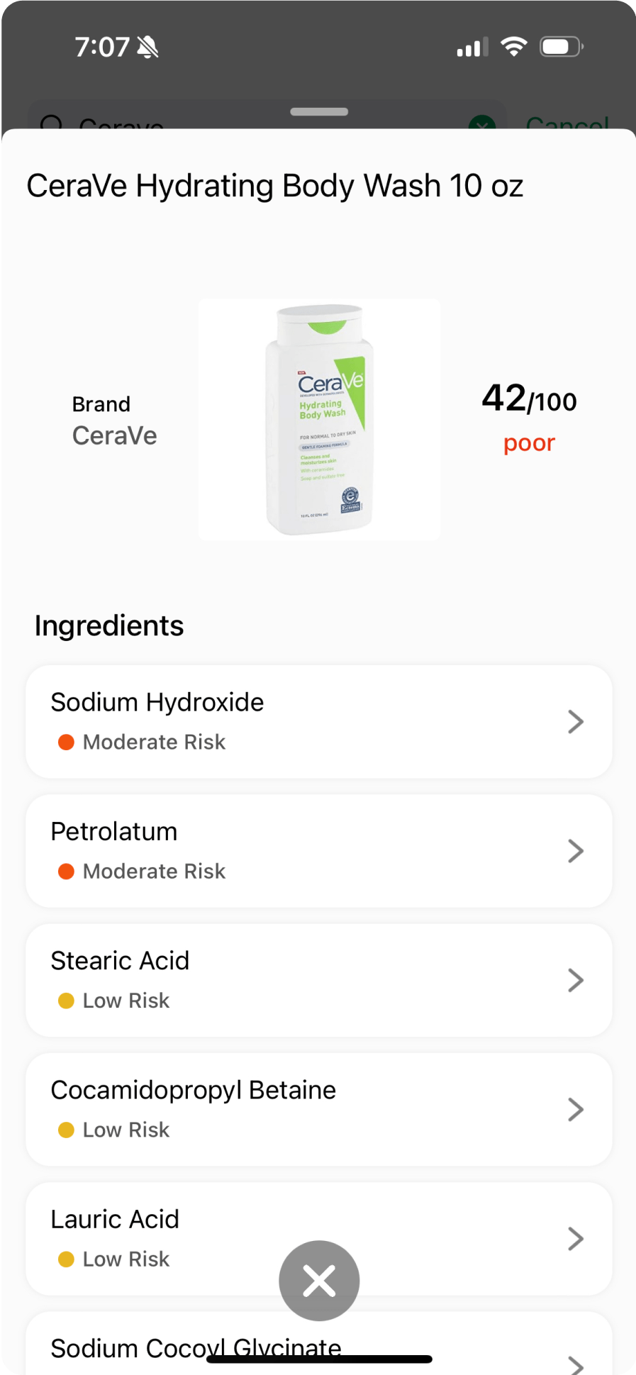 LabelPal app cosmetics analysis screen